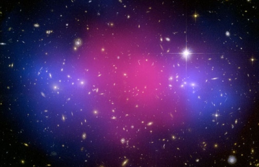 Colliding clusters of galaxies show the separation of ordinary matter (in pink) from dark matter (in blue). NASA, ESA, CXC, M. Bradac (University of California, Santa Barbara), and S. Allen (Stanford University)