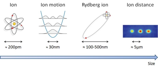 Comparison of the relevant dimensions of trapped Rydberg ions from smallest to largest. An ion is smaller than a nanometer, however, in an ion trap it is only localized to about 30nm. The size of a trapped Rydberg ion can be as large as 0.5µm, as the orbital of the outermost electron lies far away from the core. The distance between trapped ions is typically about 5µm, so that the Rydberg ions will be clearly separated in the trap, thus can be individually manipulated by laser pulses.