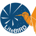 Logo for the LiteBIRD telescope, a yellow hummingbird in front of a blue satellite dish